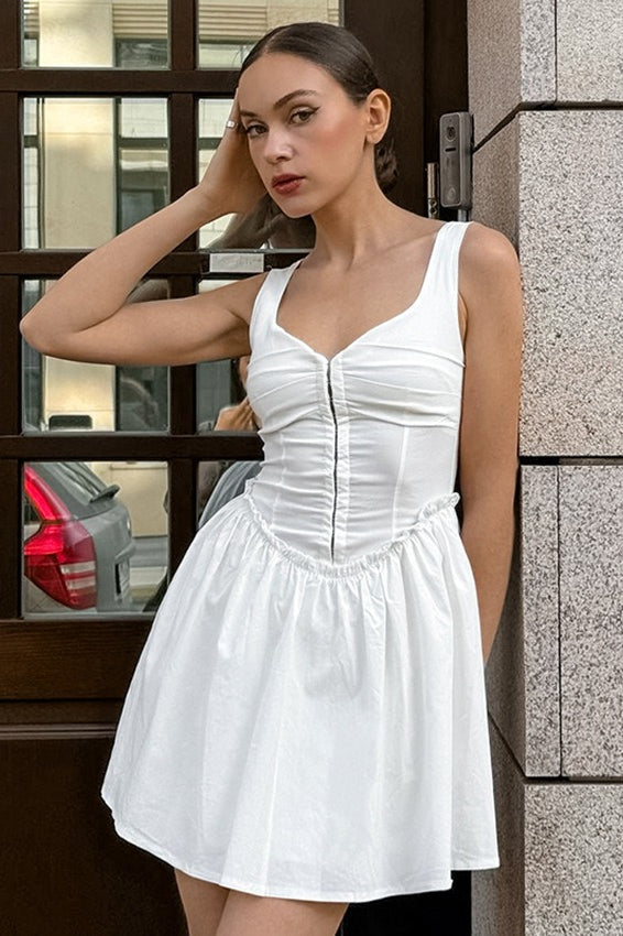 Scoop Neck Front Zip Ruched Bust Wide Strap Dropped Waist Flare Mini Dress
