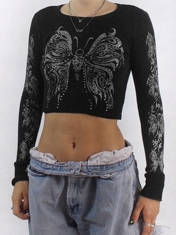 Butterfly Rhinestone Print Crop Long Sleeve Tee