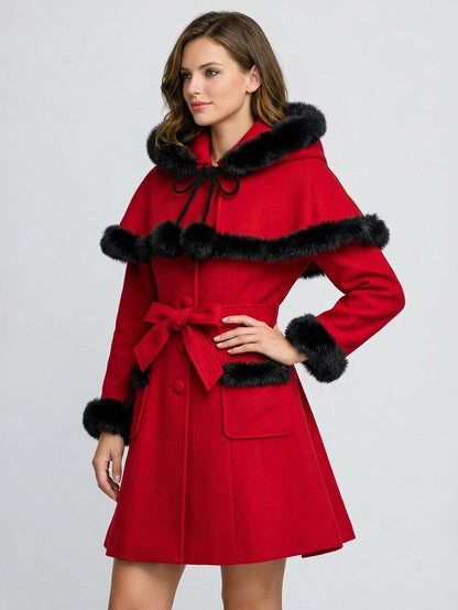 Faux Fur Trimmed Belted Wool Blend coat With Hooded Cape For Women 2026