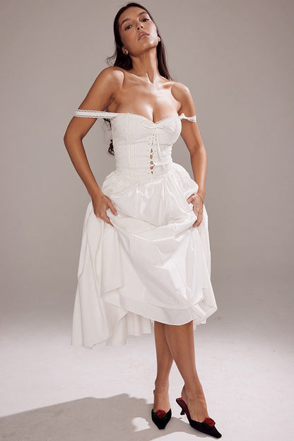 Sweetheart Lace Up Corset Bodice Off Shoulder Strap Tiered Midi Dress