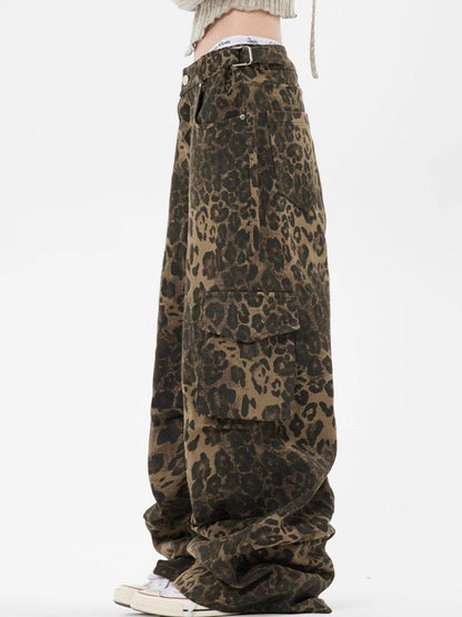 Leopard Print Pocket Overalls Cargo Jeans