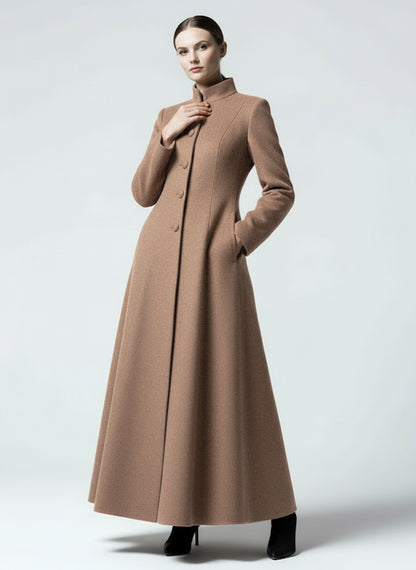 Maxi Wool Blend A-Line Coat with Stand Collar For Women 2026