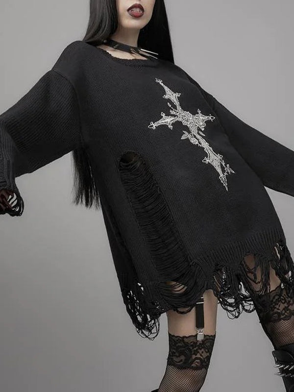 Cross Print Cutout Tattered Design Sweater