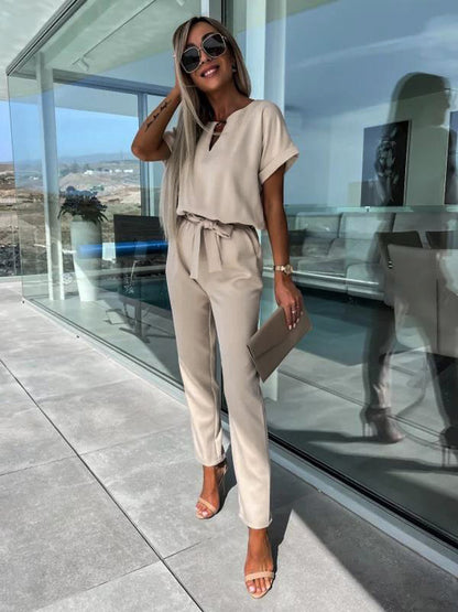 Pink Embellished Collar Short Sleeves Cut Out Polyester Straight Summer One Piece Outfit