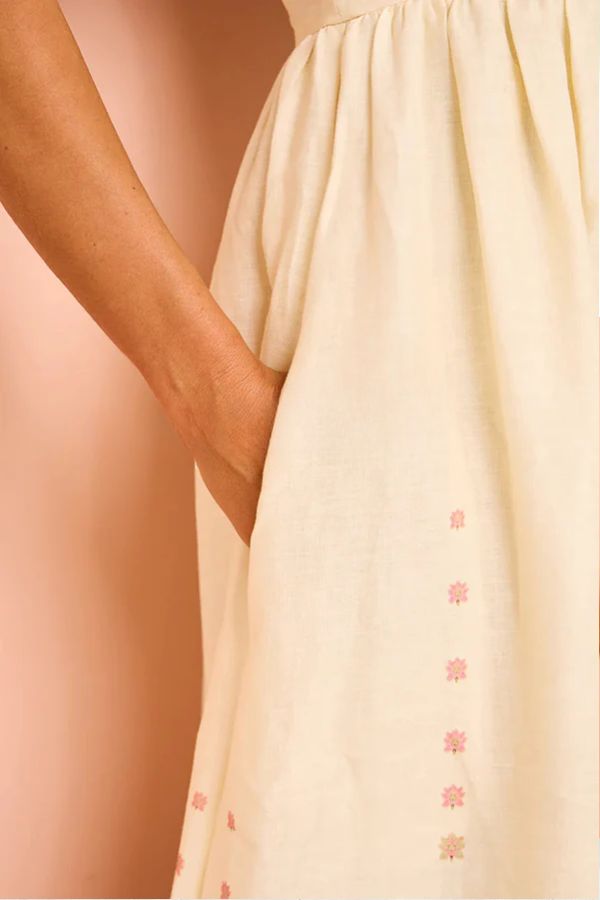 Linen Blend Floral Border Print Spaghetti Strap Empire Waist Maxi Dress