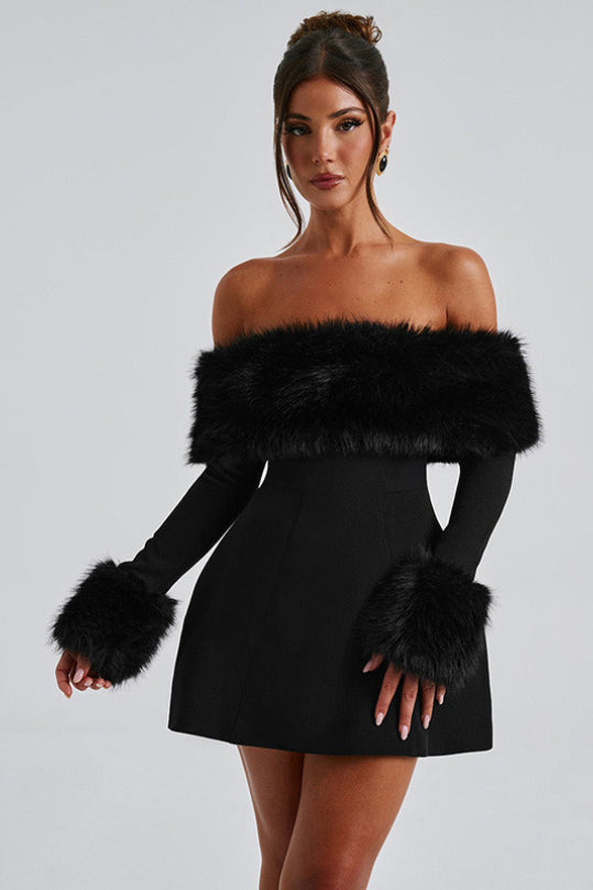 Faux Fur Trim Off Shoulder Long Sleeve A-Line Mini Dress