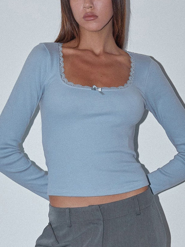 Solid Color U Neck Lace Trim Long Sleeve Knit