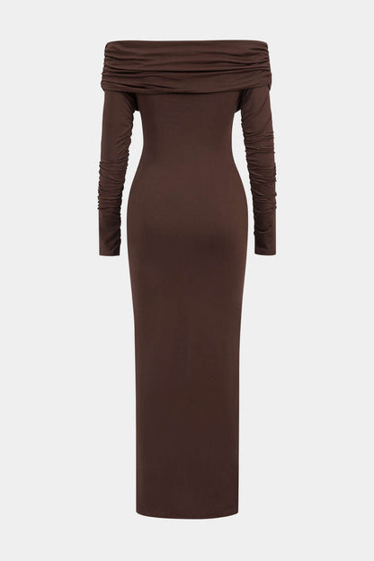 Off Shoulder Wrap Sweetheart Long Sleeve Center Drape Ruched Maxi Dress