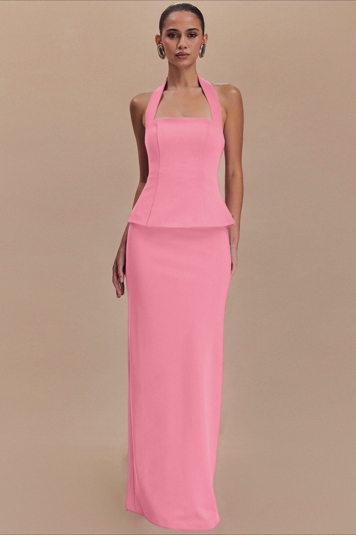 Square Neck Halter Peplum Top Column Maxi Skirt Set