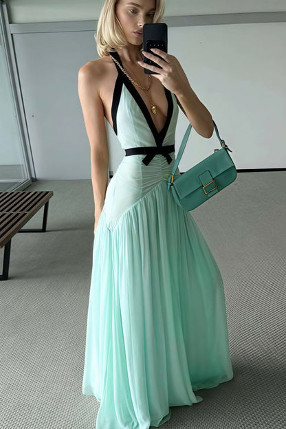 | Deep V Halter Cutout Mesh Maxi Dress