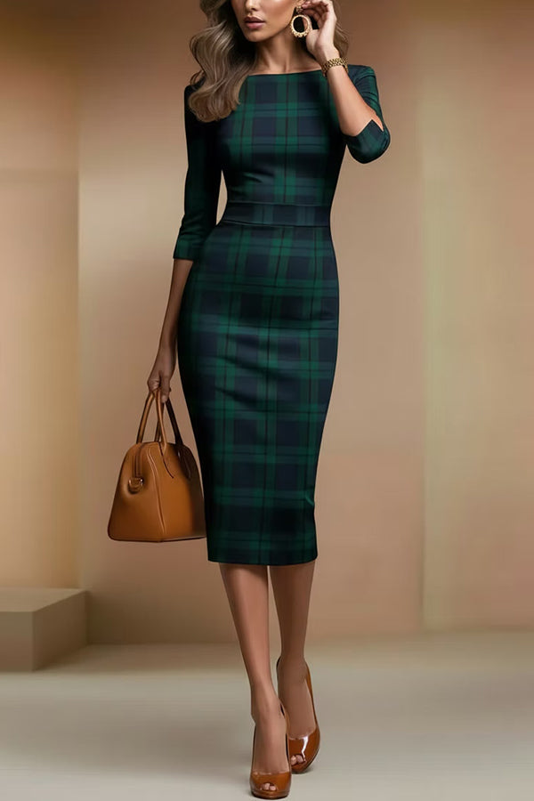 Plaid Print Half Sleeves Fitted Elegant Midi Dress