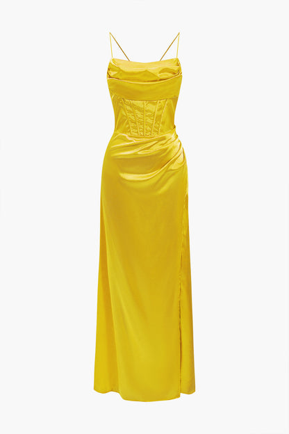 Cowl Neck Corset Bodice Spaghetti Strap Satin High Slit Maxi Dress