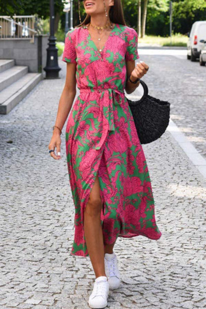 V-neck slit mid-length jumpsuit