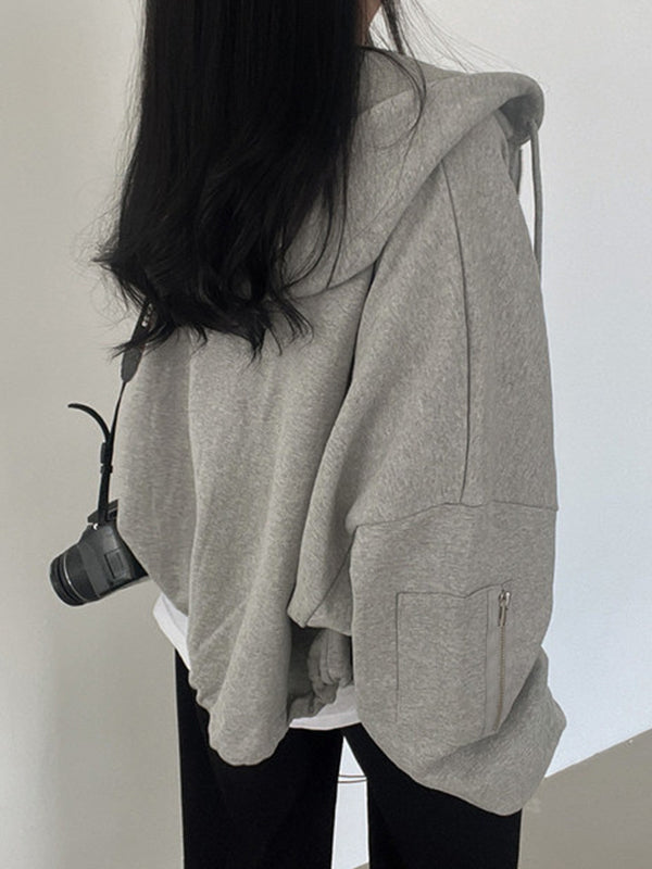 Star Print Zipper Drawstring Hem Oversized Hoodie