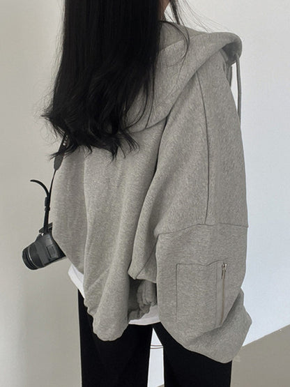 Star Print Zipper Drawstring Hem Oversized Hoodie