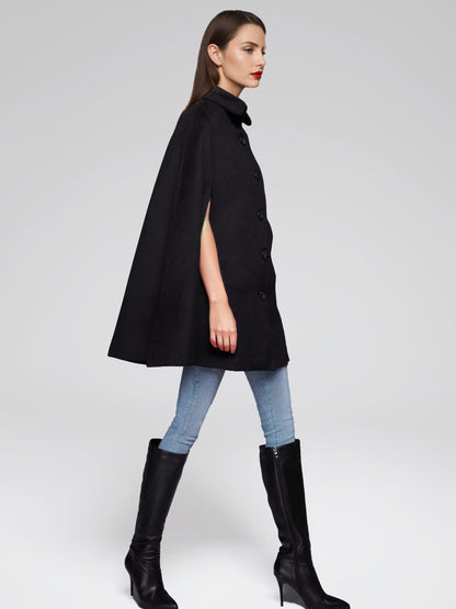 Wool Blend Cape Coat Turndown Collar Black Poncho Oversized Outerwear For Women 2026
