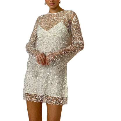 Sequin Mesh Overlay Crew Neck Long Sleeve Layered Mini Dress