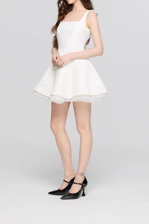 Square Neck Princess Seam Tulle Underlay Fit and Flare Mini Dress