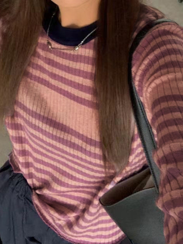 Contrast Color Stripe Slim Long Sleeve Knit