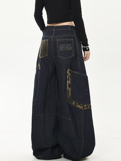 American Retro Leopard Print Stitching Boyfriend Jeans