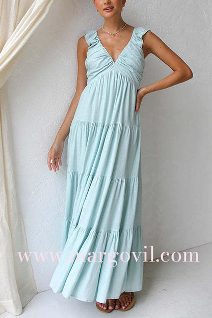 Margovil V Neck Ruffle Trim Tiered Sleeveless Linen Maxi Dress (2 Colors)