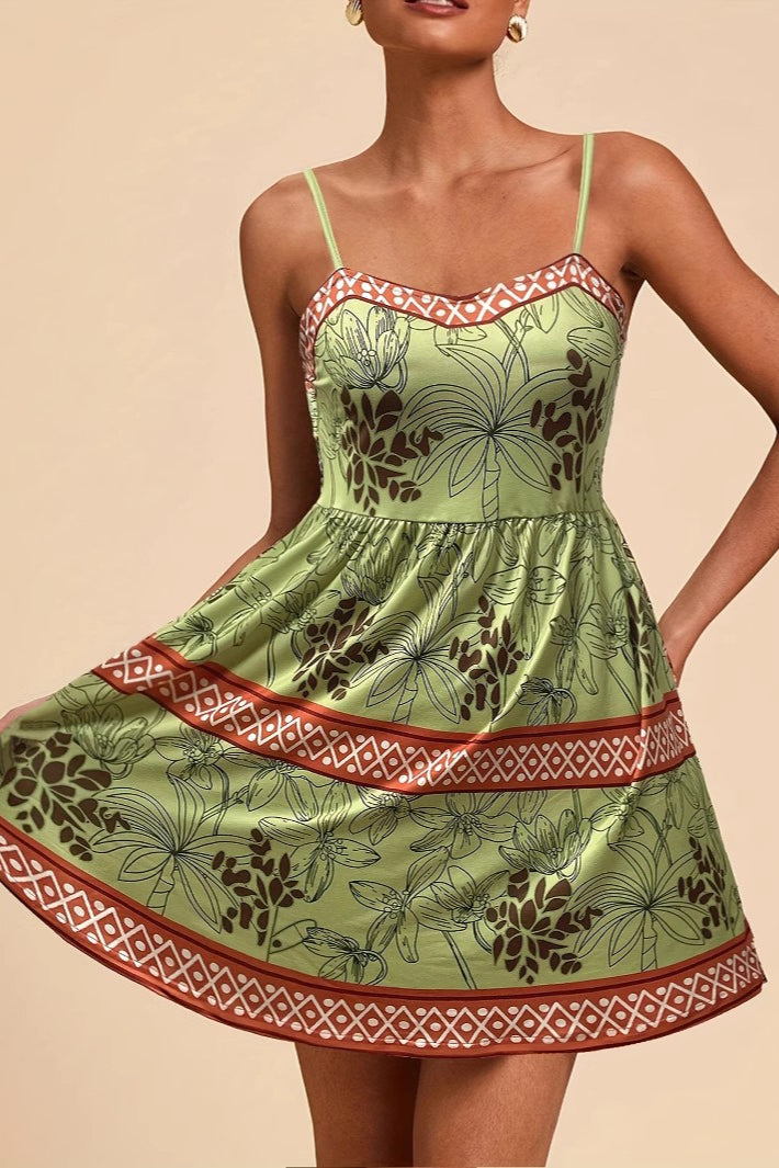 Tropical Palm Tiered Sweetheart Spaghetti Strap Border Print Mini Dress