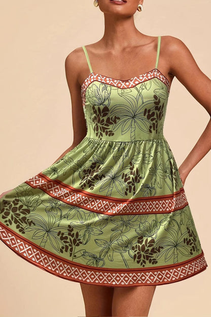 Tropical Palm Tiered Sweetheart Spaghetti Strap Border Print Mini Dress