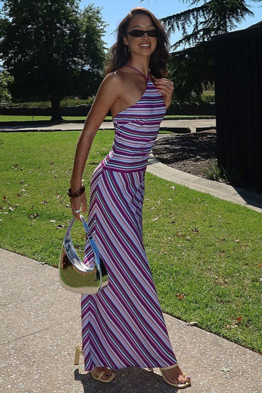 Striped Halter Neck Chevron Panel Knit Maxi Dress