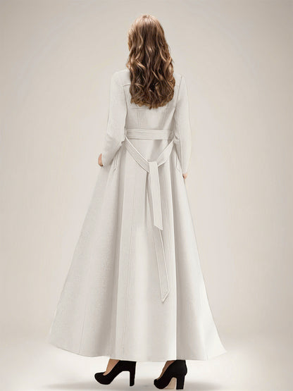 White Longline Woolen Coat Notched Lapel Double Breasted Belted Winter Full Length Outerwear For Women 2026