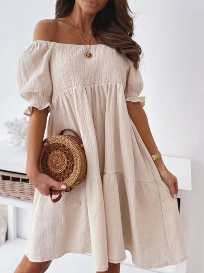 Smocked Off Shoulder Puff Sleeve Tiered Ruffle Hem Babydoll Mini Dress