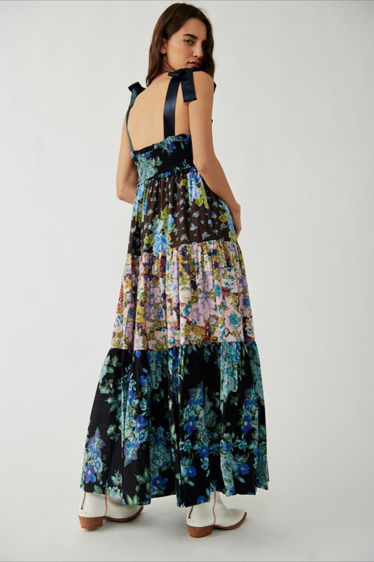 Smocked Sweetheart Neck Tie Shoulder Tiered Floral Paisley Maxi Dress