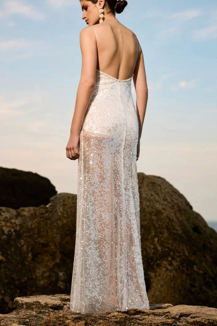 | Solid Patchwork Sheer Backless Maxi Dress