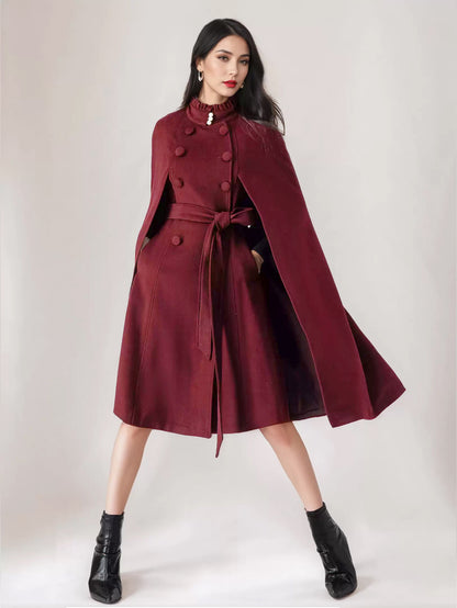 Wool Blend Cape Coat For Women Stand Collar Dark Navy Belted Oversized Poncho Outerwear 2026