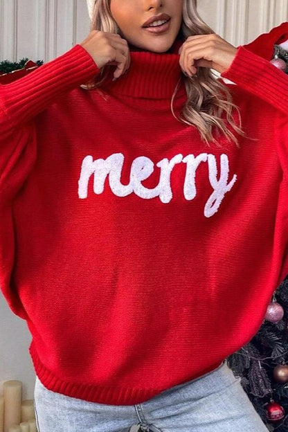 Festive High Neck Loose Batwing Knit Sweater