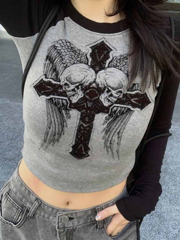 Skull Cross Print Raglan Long Sleeve Knit