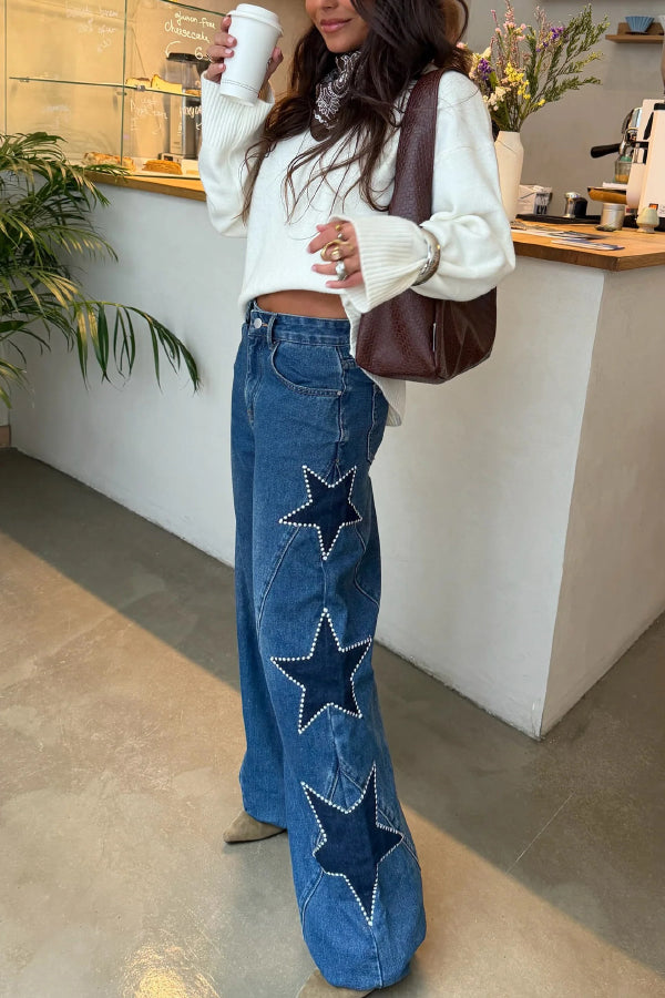 Jessy Denim Mid Rise Side Star Pattern Pocket Wide Leg Jeans