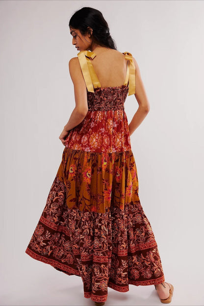 Smocked Sweetheart Neck Tie Shoulder Tiered Floral Paisley Maxi Dress