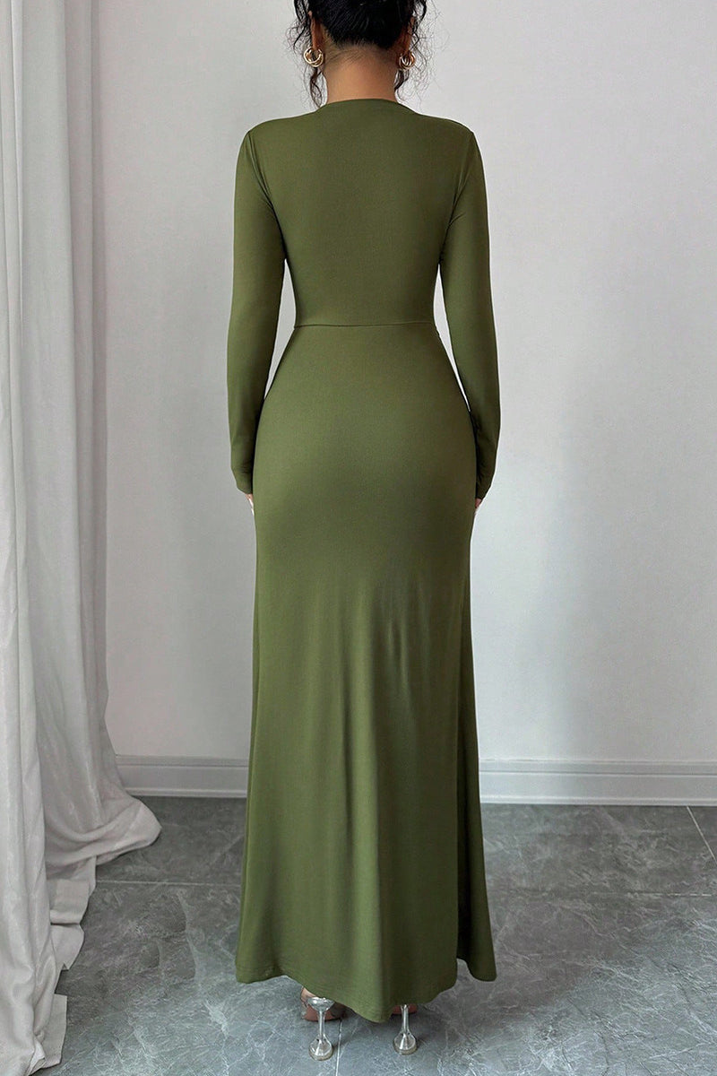 Boat Neck Hammered Metal Buckle Draped Front Slit Maxi Dress