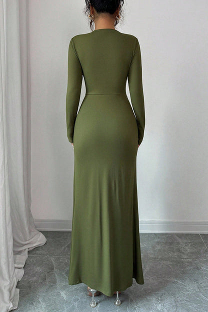 Boat Neck Hammered Metal Buckle Draped Front Slit Maxi Dress