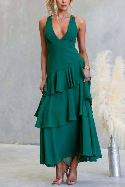 Solid Color V-neck Sleeveless Elegant Layered Maxi Dress