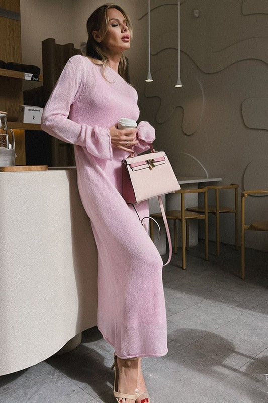 | Hollow Out Bodycon Knit Maxi Dress in Pink