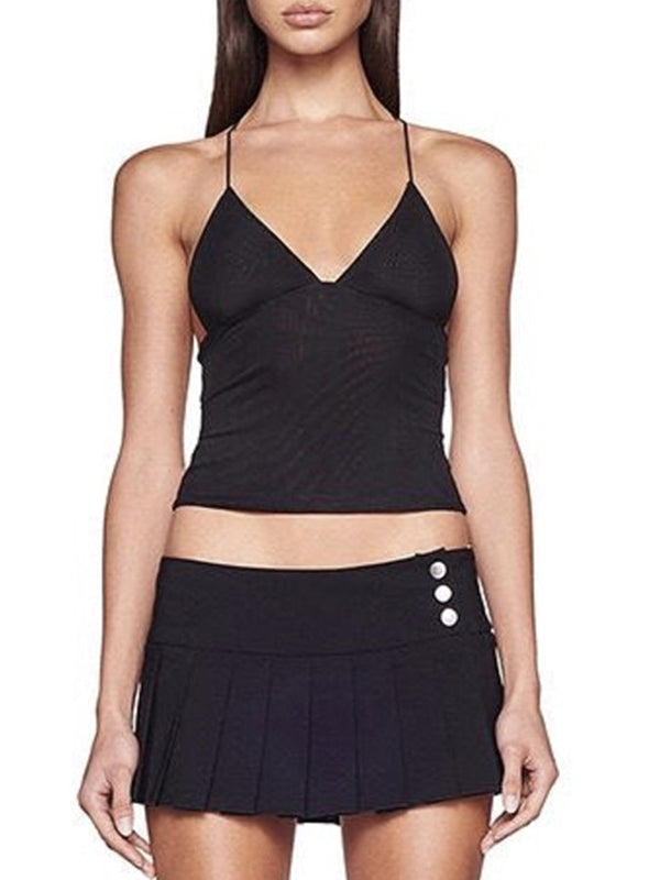 Mesh Butterfly Embroidery Backless Halter Vest