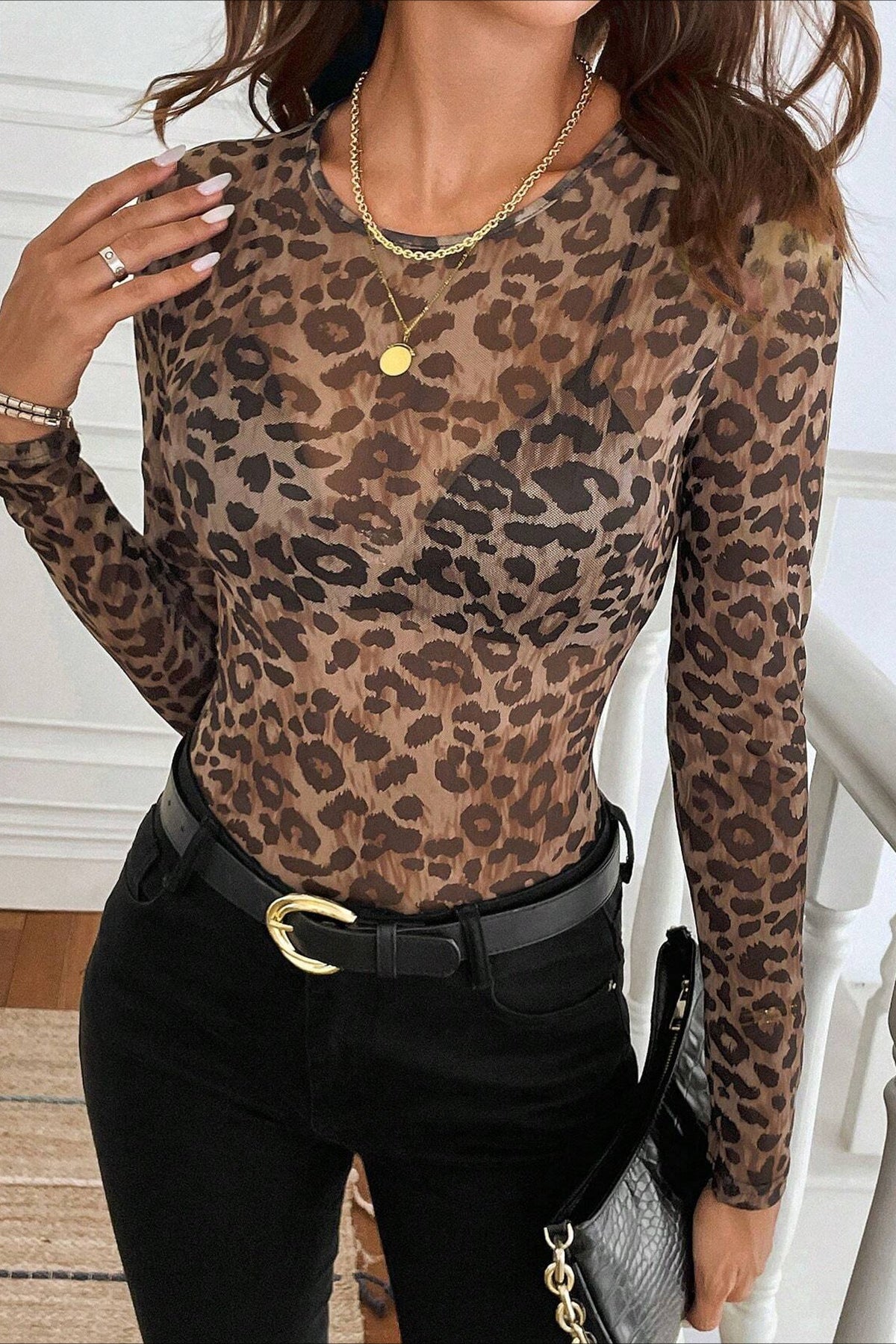 Leopard Print Mesh Sheer Long-Sleeve Blouse