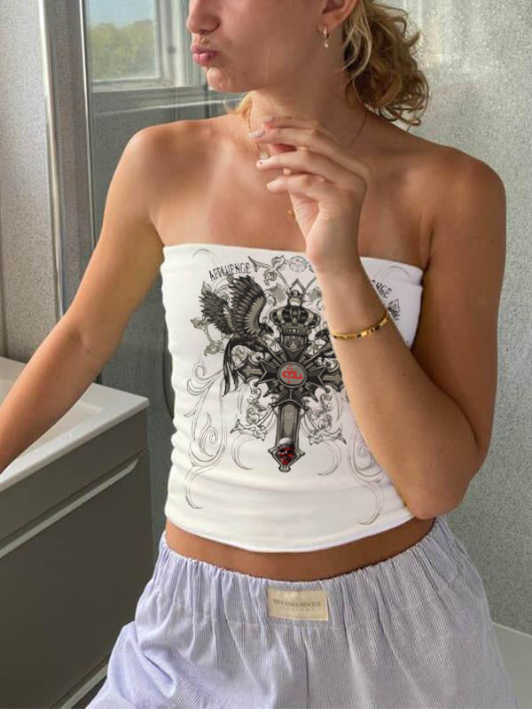 Cross Wings Print White Slim Fit Bandeau Top