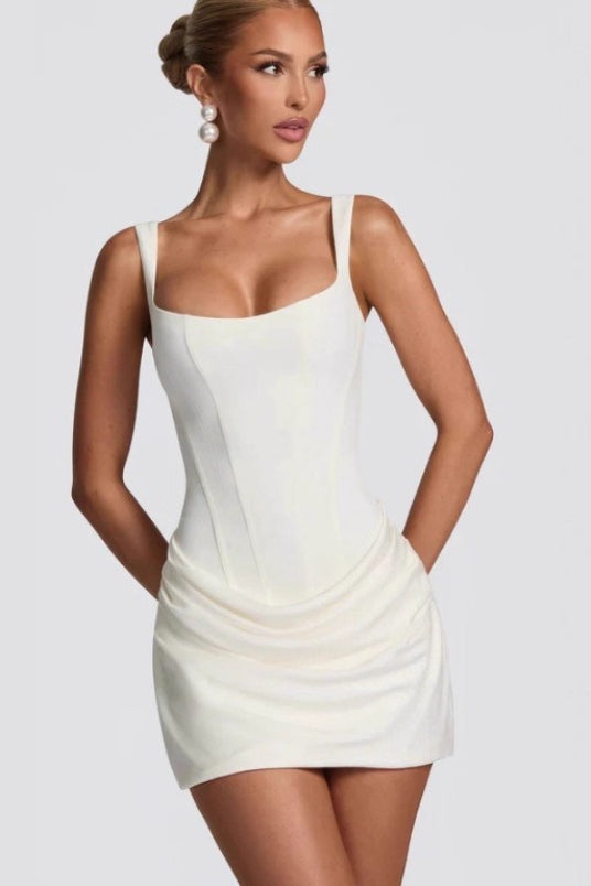Strapless Corset Boned Bodice Draped Tulip Hem Sash Trail Mini Dress