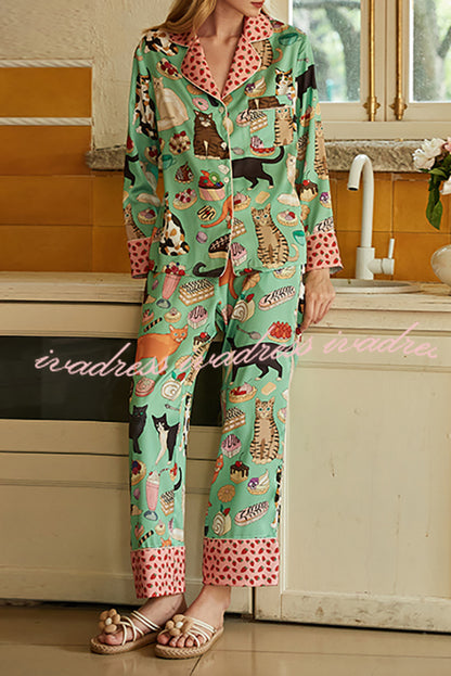 Coffee Cat Print Home Long Sleeve Two Piece Set
