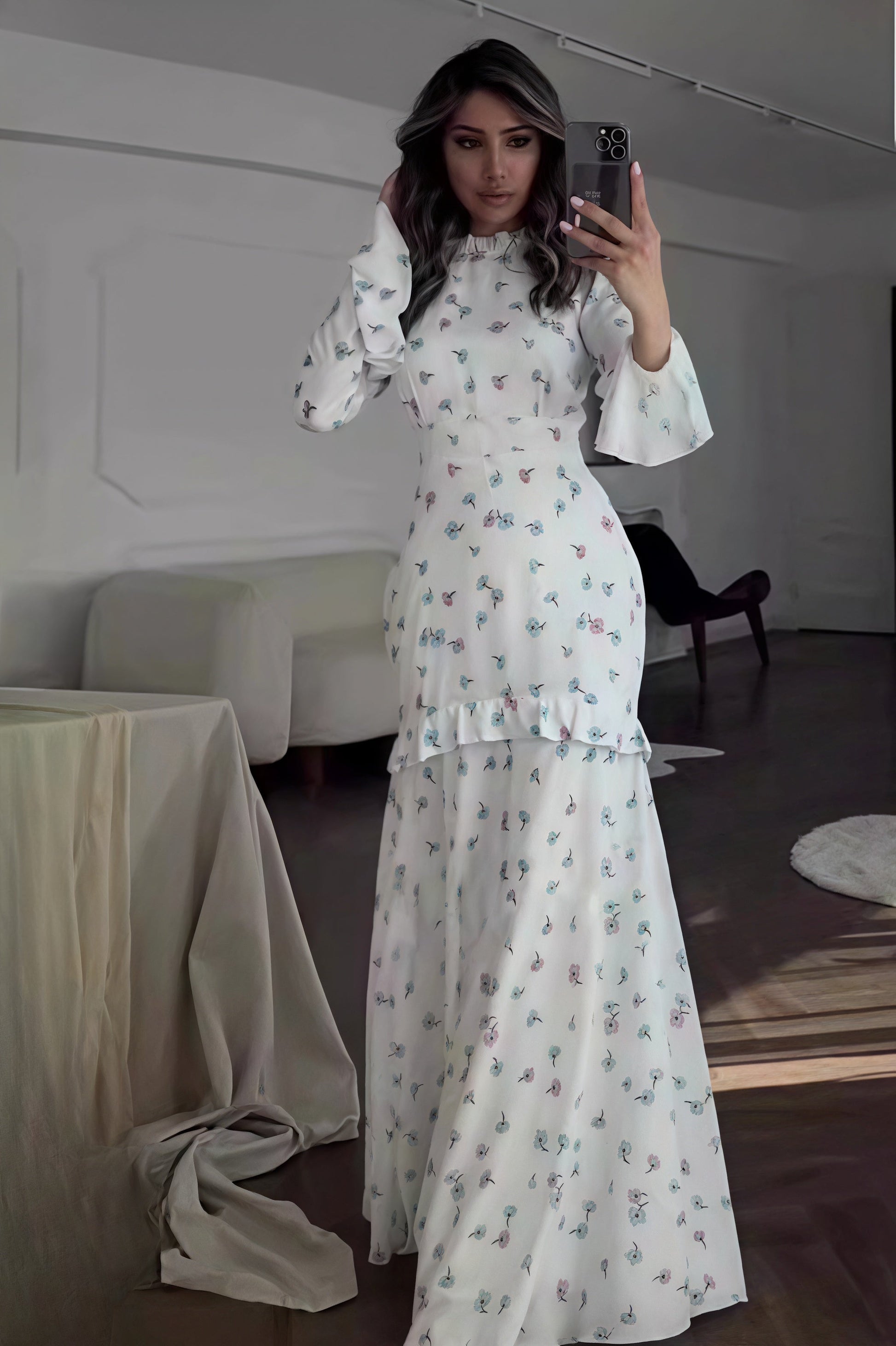 Ruffle Mock Neck Bell Cuff Hip Tier Ditsy Floral A-Line Maxi Dress