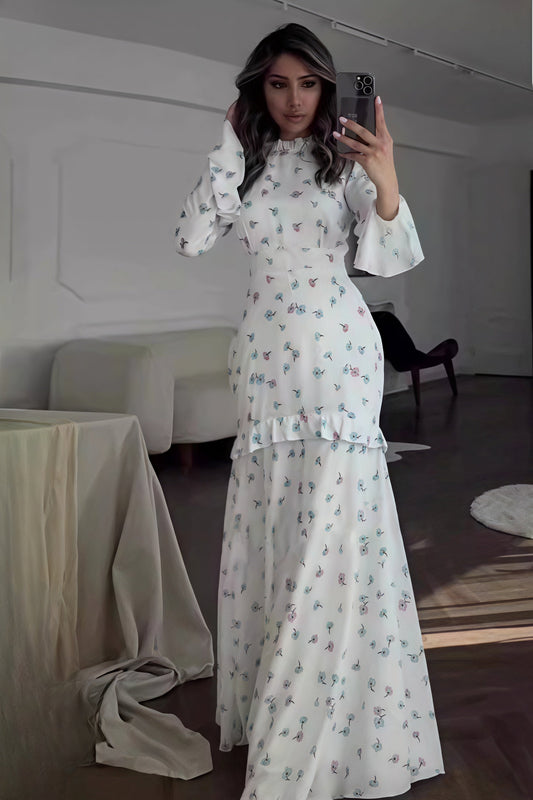 Ruffle Mock Neck Bell Cuff Hip Tier Ditsy Floral A-Line Maxi Dress