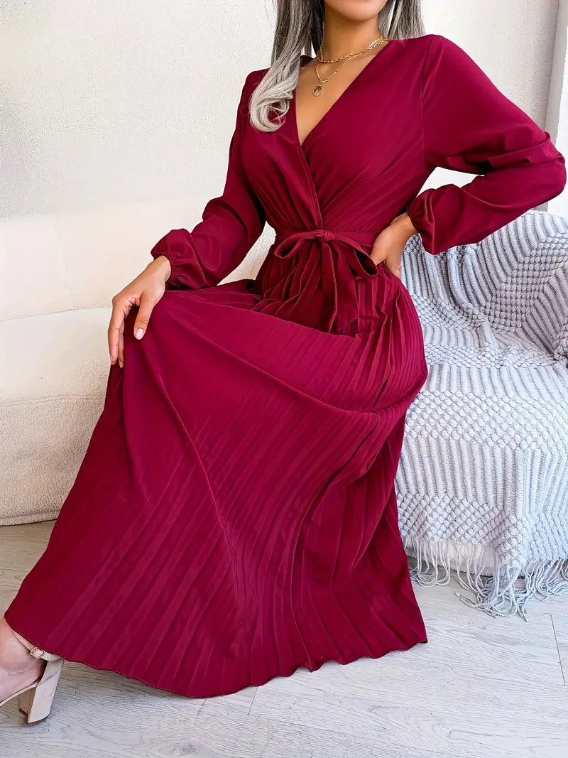Bishop Sleeve Accordion-Pleated Wrap V-Neck Belted Maxi Dress