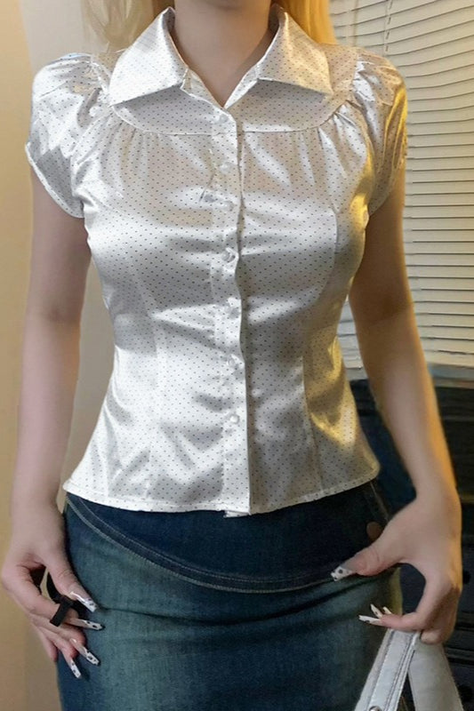Satin Polka Dot Short Sleeve Blouse